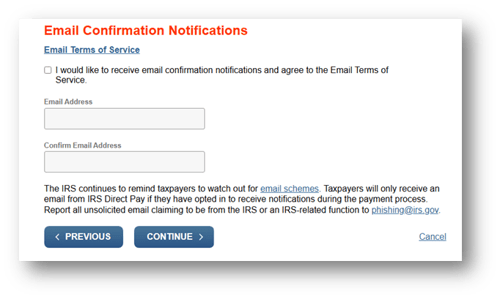 IRS Direct Pay - email confirmation notifications