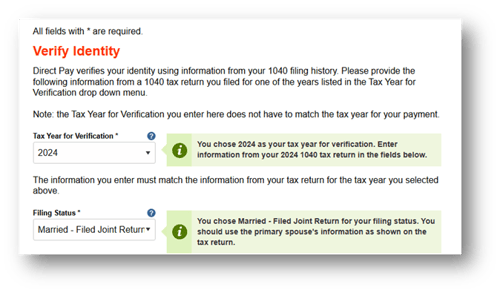IRS Direct Pay - verify identity