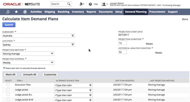 NetSuite item demand calculation screen shot